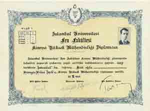 Türkiye'nin ilk Yüksek Kimya Mühendisi olan Hüseyin Hilmi Işık'ın 1936 yılında aldığı 1/1 sayılı diploması